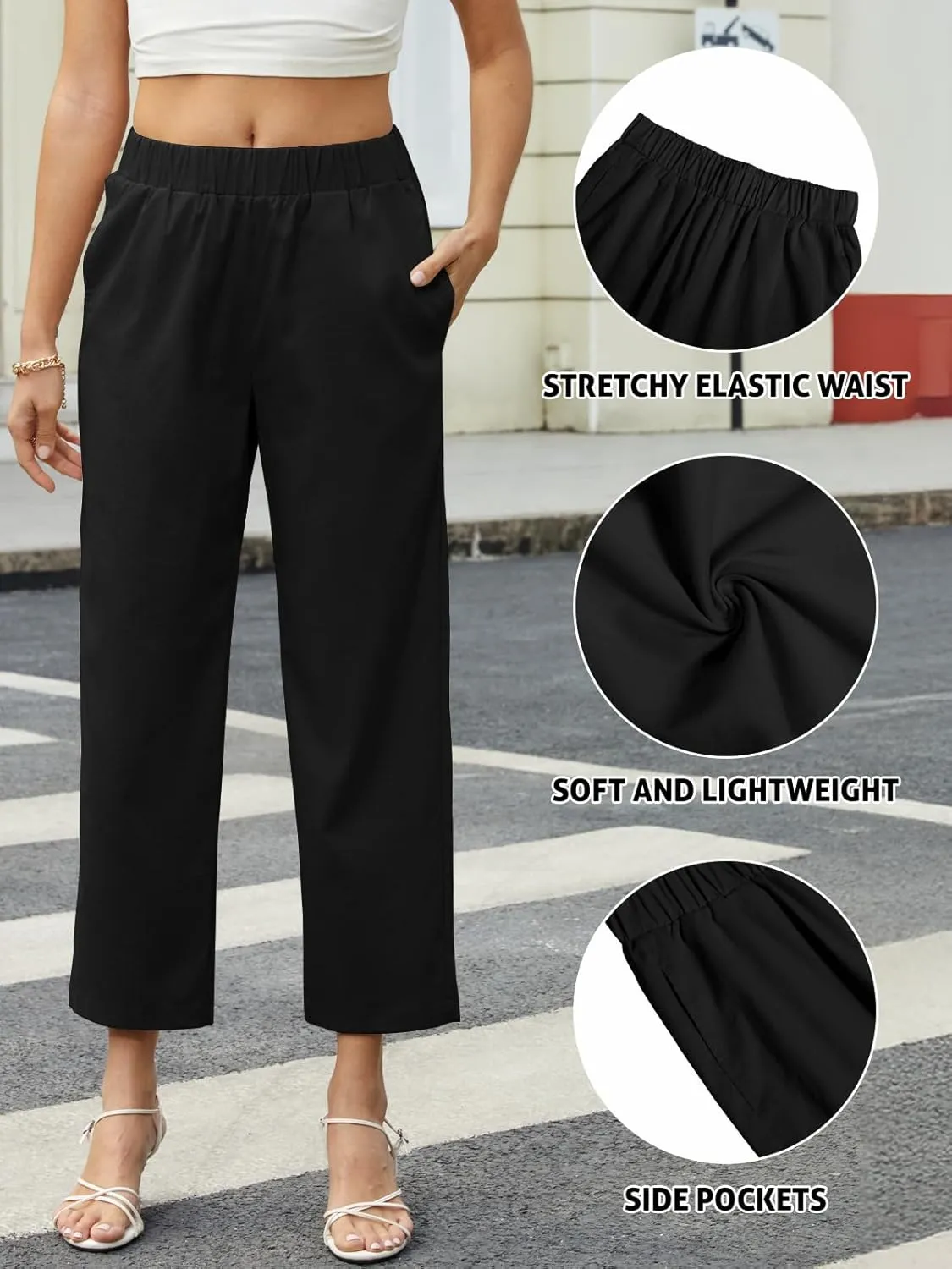 Womens Casual Summer Straight Leg Pants Elastic High Waist Beach Capris with Pockets