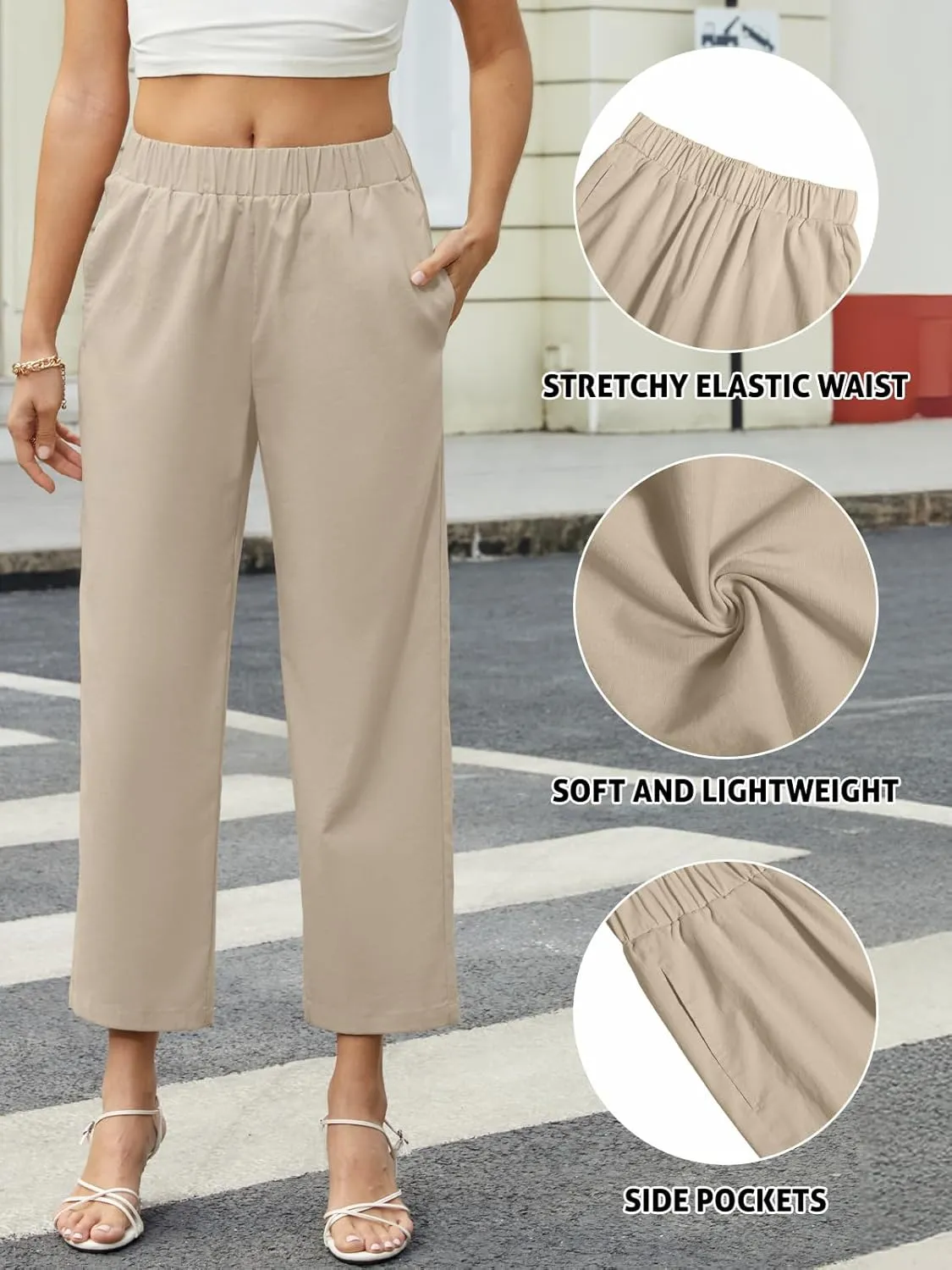 Womens Casual Summer Straight Leg Pants Elastic High Waist Beach Capris with Pockets