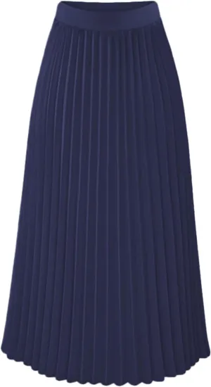 Women's Chiffon Pleated Midi Skirt High Waist Swing Boho Pleated Skirt Casual Solid Color Elastic A-Line Long Skirts