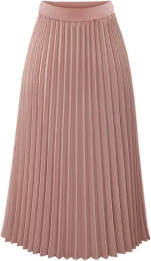 Women's Chiffon Pleated Midi Skirt High Waist Swing Boho Pleated Skirt Casual Solid Color Elastic A-Line Long Skirts