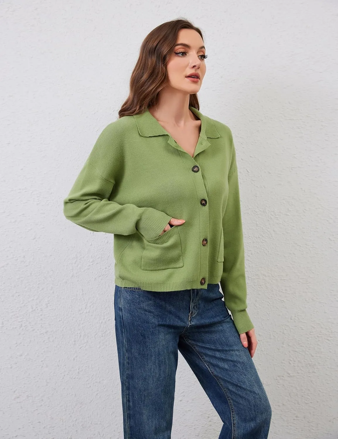 Womens Collared Cardigan Sweaters Button Down Polo Knit Cardigan Long Sleeve Button Up Sweater Top with Pocket