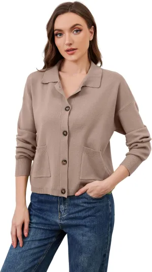 Womens Collared Cardigan Sweaters Button Down Polo Knit Cardigan Long Sleeve Button Up Sweater Top with Pocket