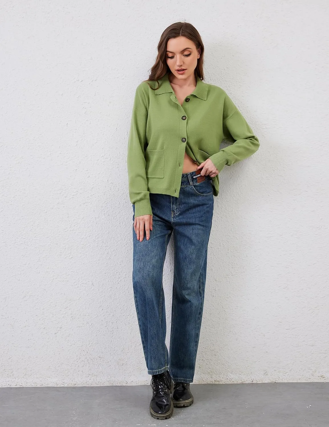 Womens Collared Cardigan Sweaters Button Down Polo Knit Cardigan Long Sleeve Button Up Sweater Top with Pocket