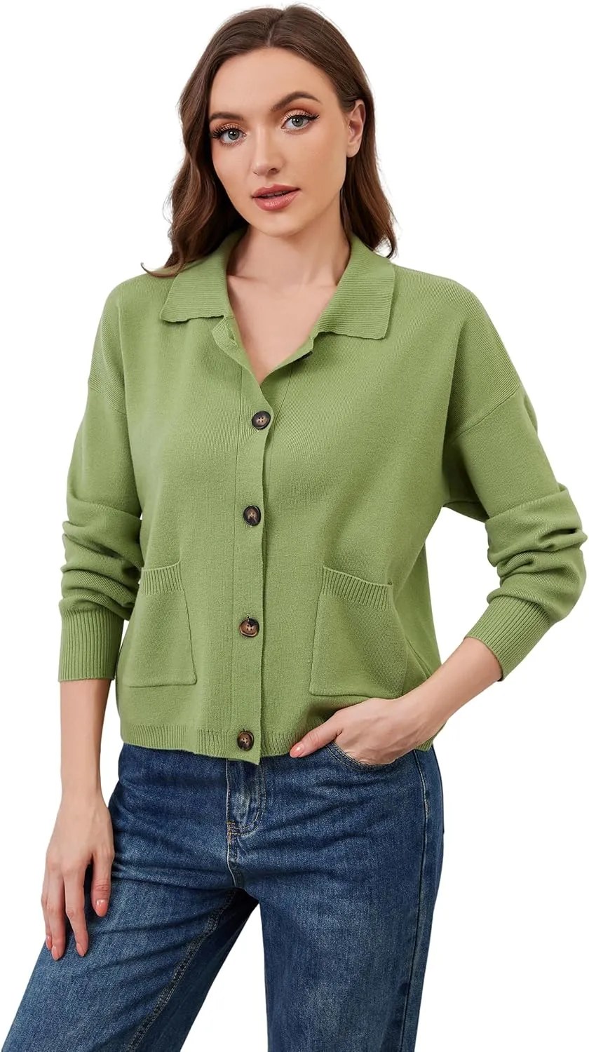 Womens Collared Cardigan Sweaters Button Down Polo Knit Cardigan Long Sleeve Button Up Sweater Top with Pocket