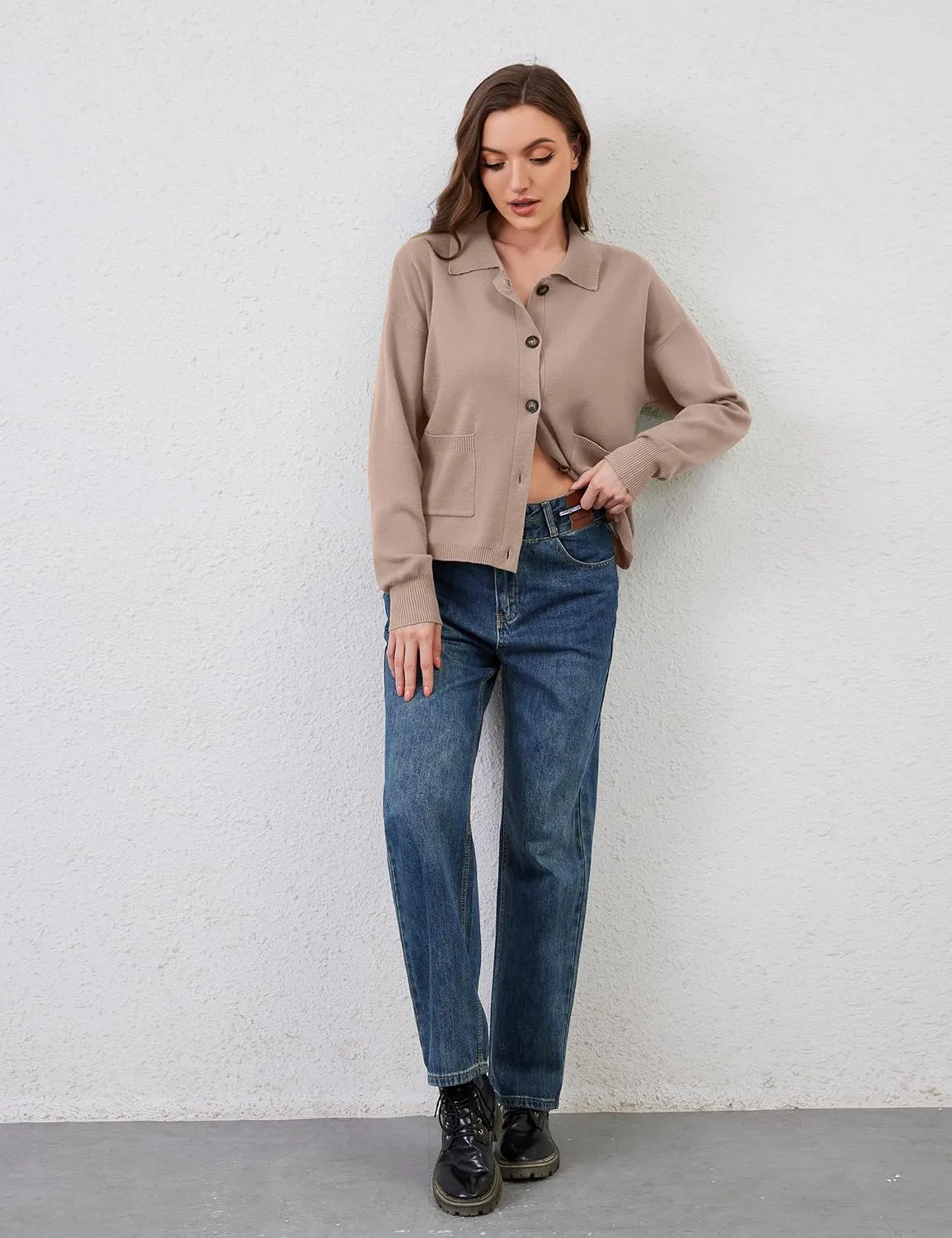 Womens Collared Cardigan Sweaters Button Down Polo Knit Cardigan Long Sleeve Button Up Sweater Top with Pocket