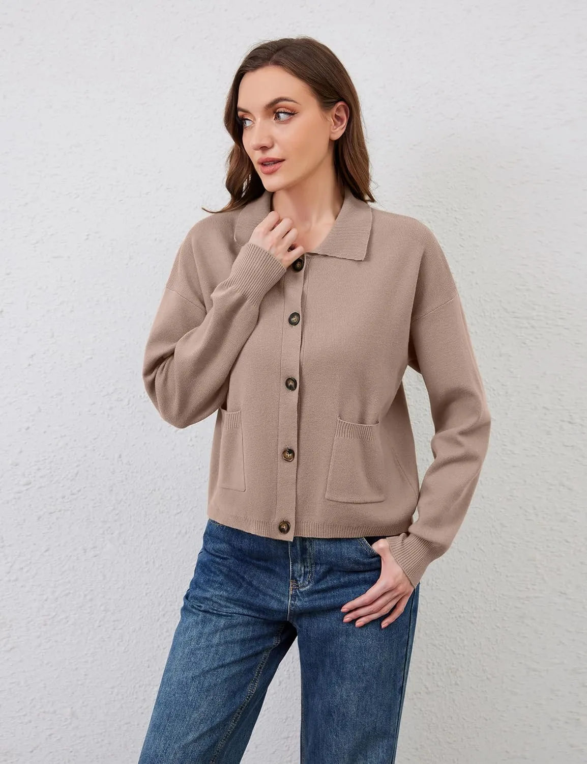Womens Collared Cardigan Sweaters Button Down Polo Knit Cardigan Long Sleeve Button Up Sweater Top with Pocket