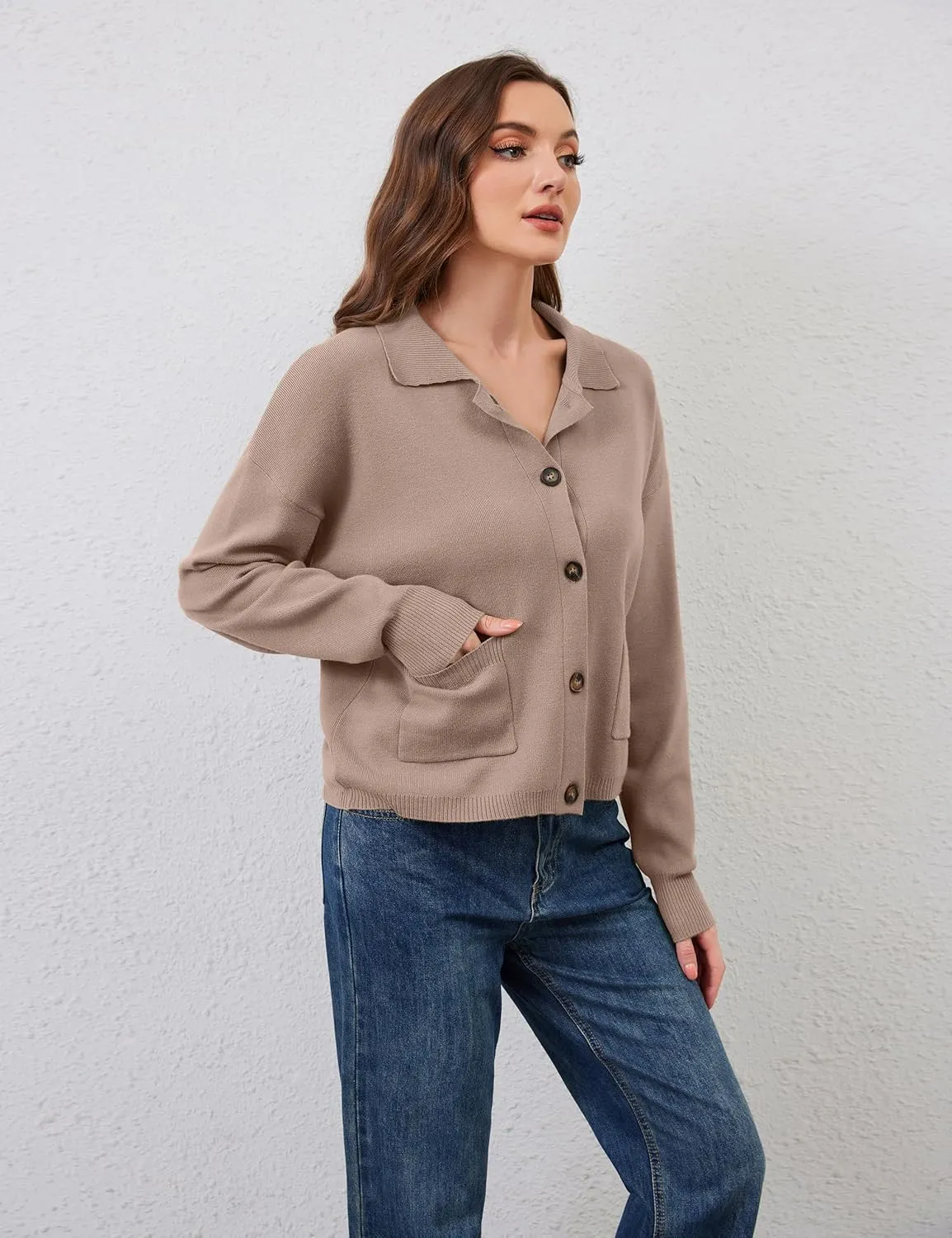 Womens Collared Cardigan Sweaters Button Down Polo Knit Cardigan Long Sleeve Button Up Sweater Top with Pocket