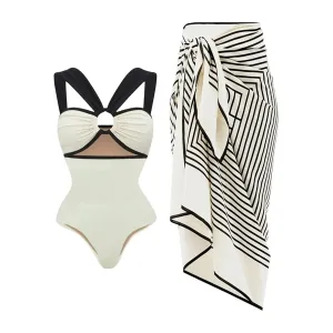 Women's Color Block One Piece Swimsuit or Bikini and Kimono or Cover Up Luxury Beach Swimwear