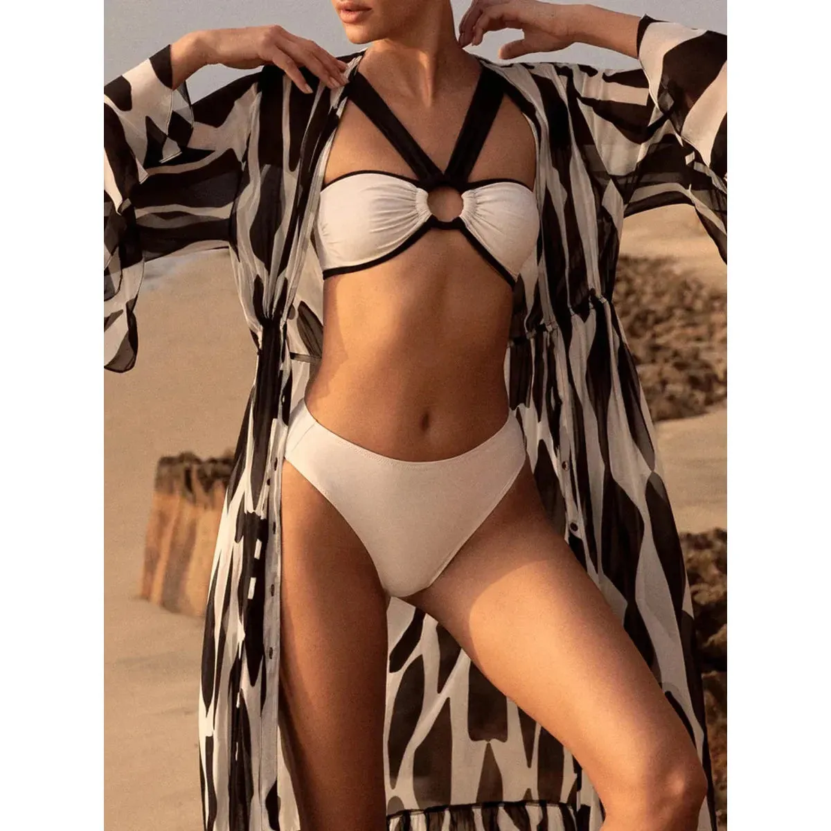 Women's Color Block One Piece Swimsuit or Bikini and Kimono or Cover Up Luxury Beach Swimwear
