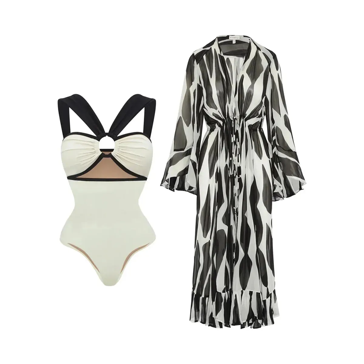 Women's Color Block One Piece Swimsuit or Bikini and Kimono or Cover Up Luxury Beach Swimwear