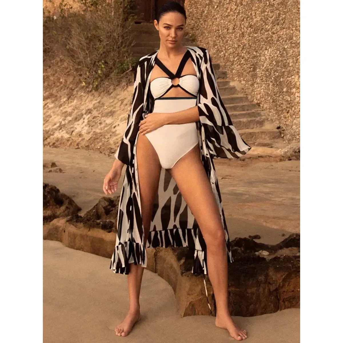 Women's Color Block One Piece Swimsuit or Bikini and Kimono or Cover Up Luxury Beach Swimwear