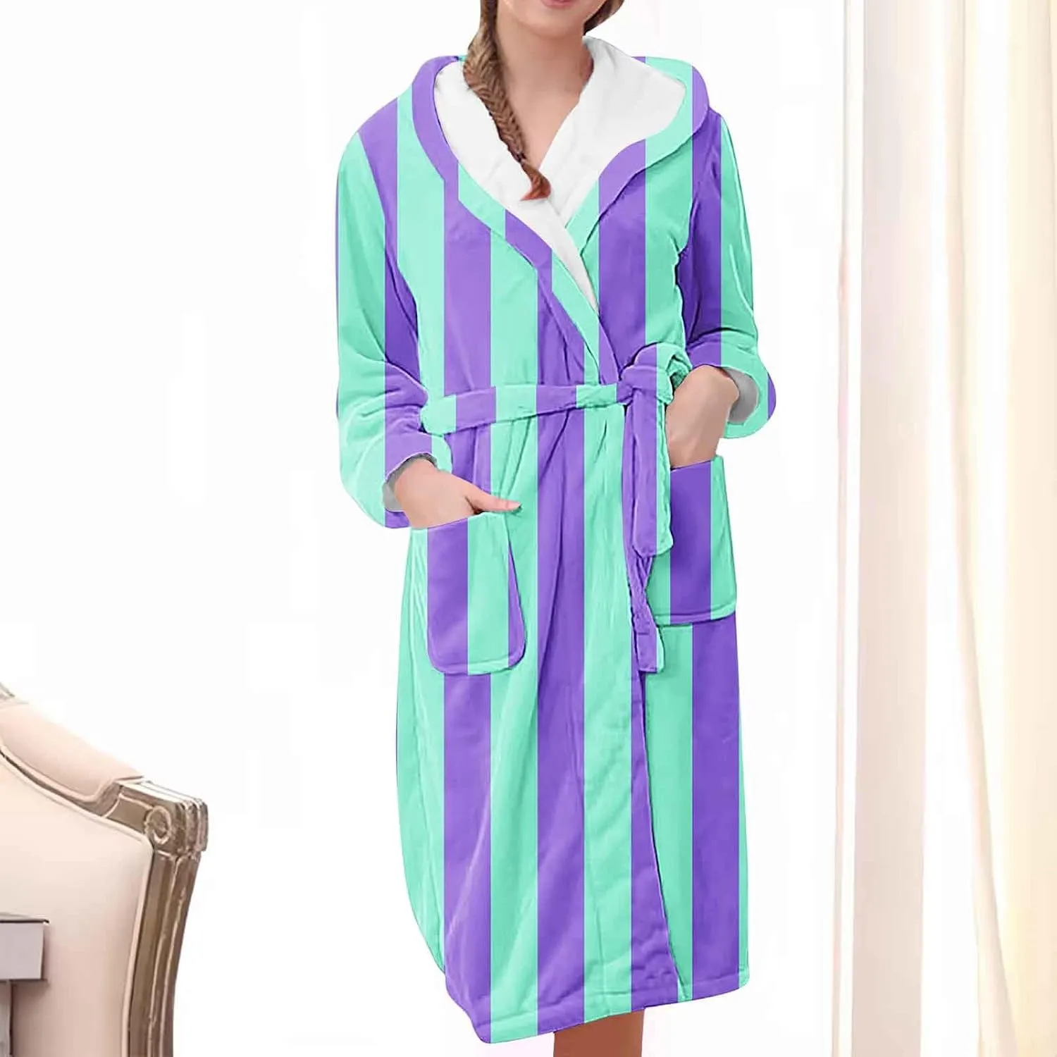 Womens Colorblock Striped Plush Hooded Robe Fleece Cozy Warm Bathrobe Soft Long House Coat Loungewear with Pockets