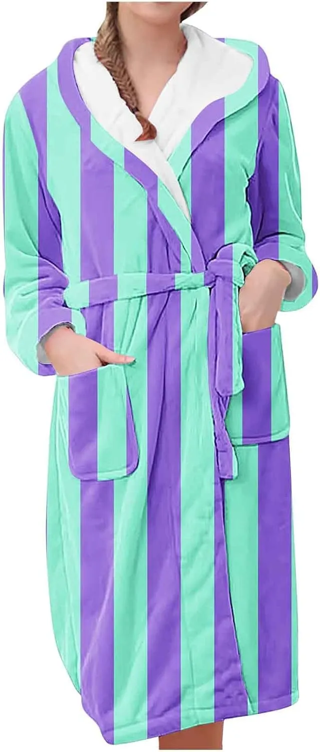 Womens Colorblock Striped Plush Hooded Robe Fleece Cozy Warm Bathrobe Soft Long House Coat Loungewear with Pockets