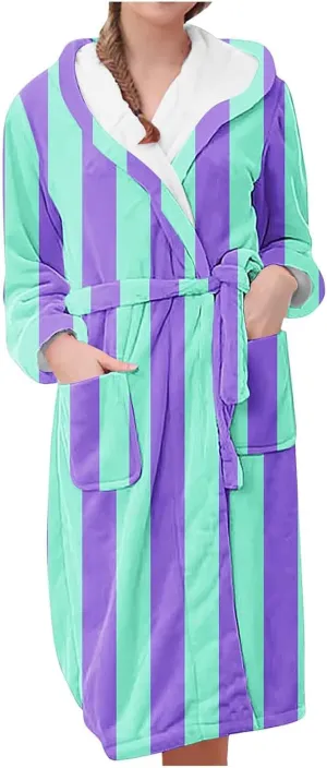 Womens Colorblock Striped Plush Hooded Robe Fleece Cozy Warm Bathrobe Soft Long House Coat Loungewear with Pockets