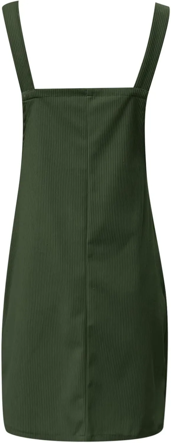 Women's Corduroy A Line Mini Dress Adjustable Button Down Strap Sundress Front Pockets Elegant Plain Cord Dresses