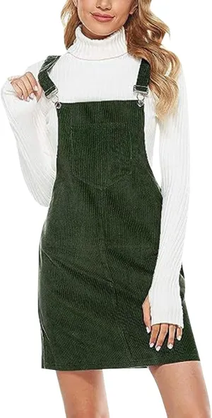 Women's Corduroy A Line Mini Dress Adjustable Button Down Strap Sundress Front Pockets Elegant Plain Cord Dresses