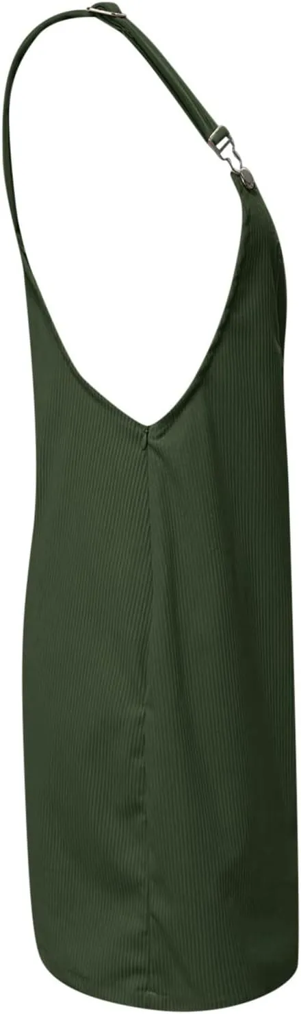 Women's Corduroy A Line Mini Dress Adjustable Button Down Strap Sundress Front Pockets Elegant Plain Cord Dresses