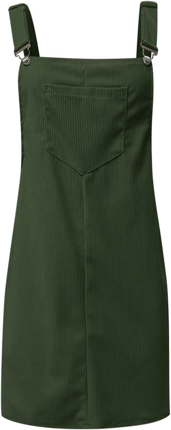 Women's Corduroy A Line Mini Dress Adjustable Button Down Strap Sundress Front Pockets Elegant Plain Cord Dresses