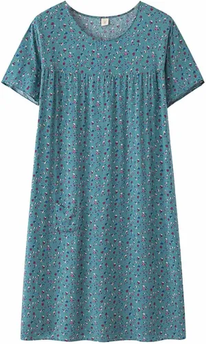 Women's Cotton Nightgown Sleepwear Short Sleeve Lightweight Comfy Ladies Nightdress Retro Print Sleep Shirts