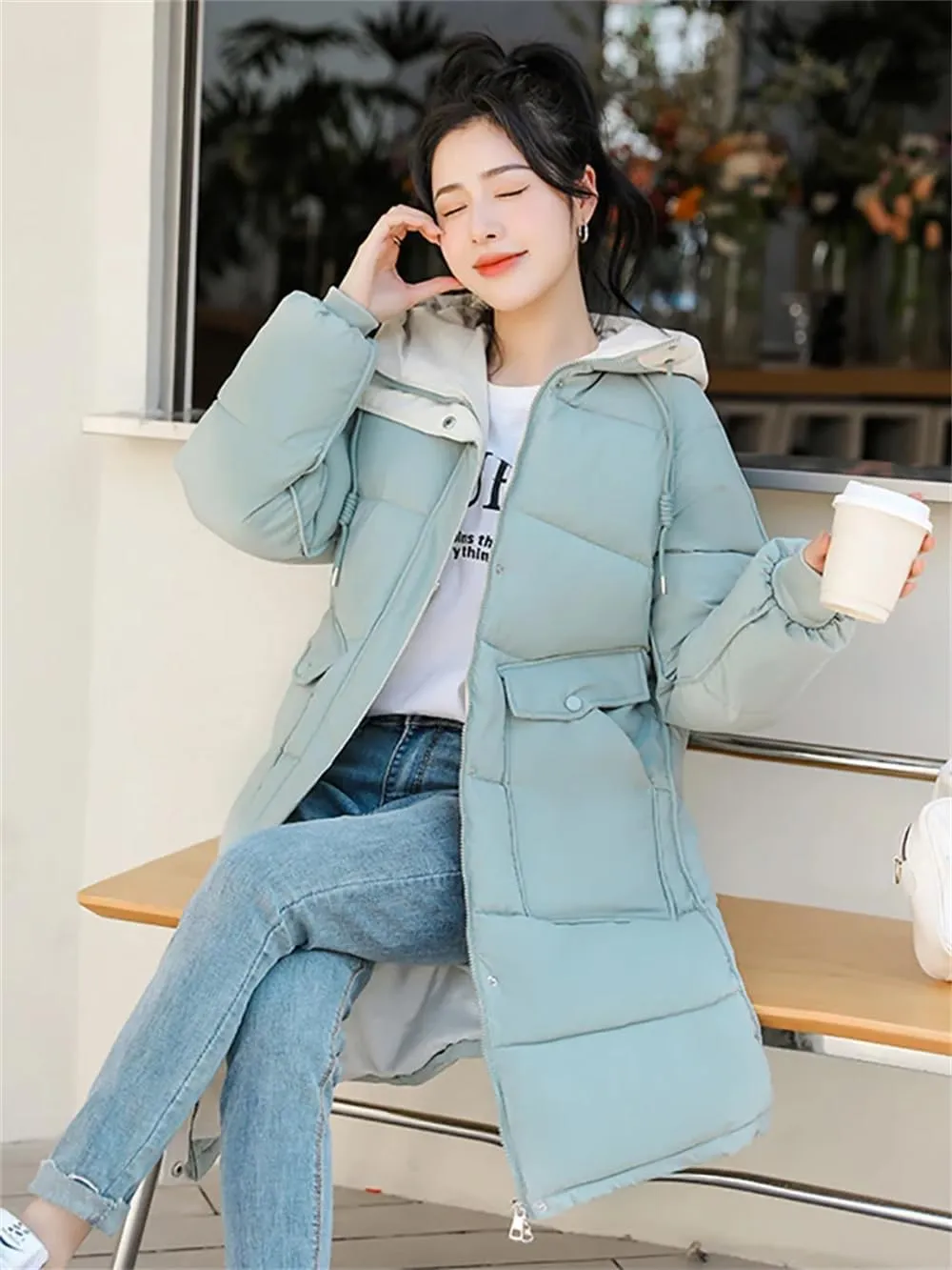 Women's Cotton Padded Snow Parka Winter Hooded Down Coat Mid Length Thick Windbreaker