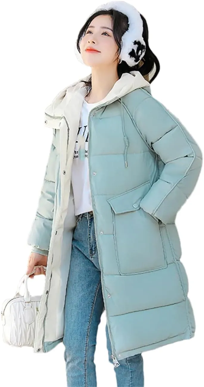 Women's Cotton Padded Snow Parka Winter Hooded Down Coat Mid Length Thick Windbreaker