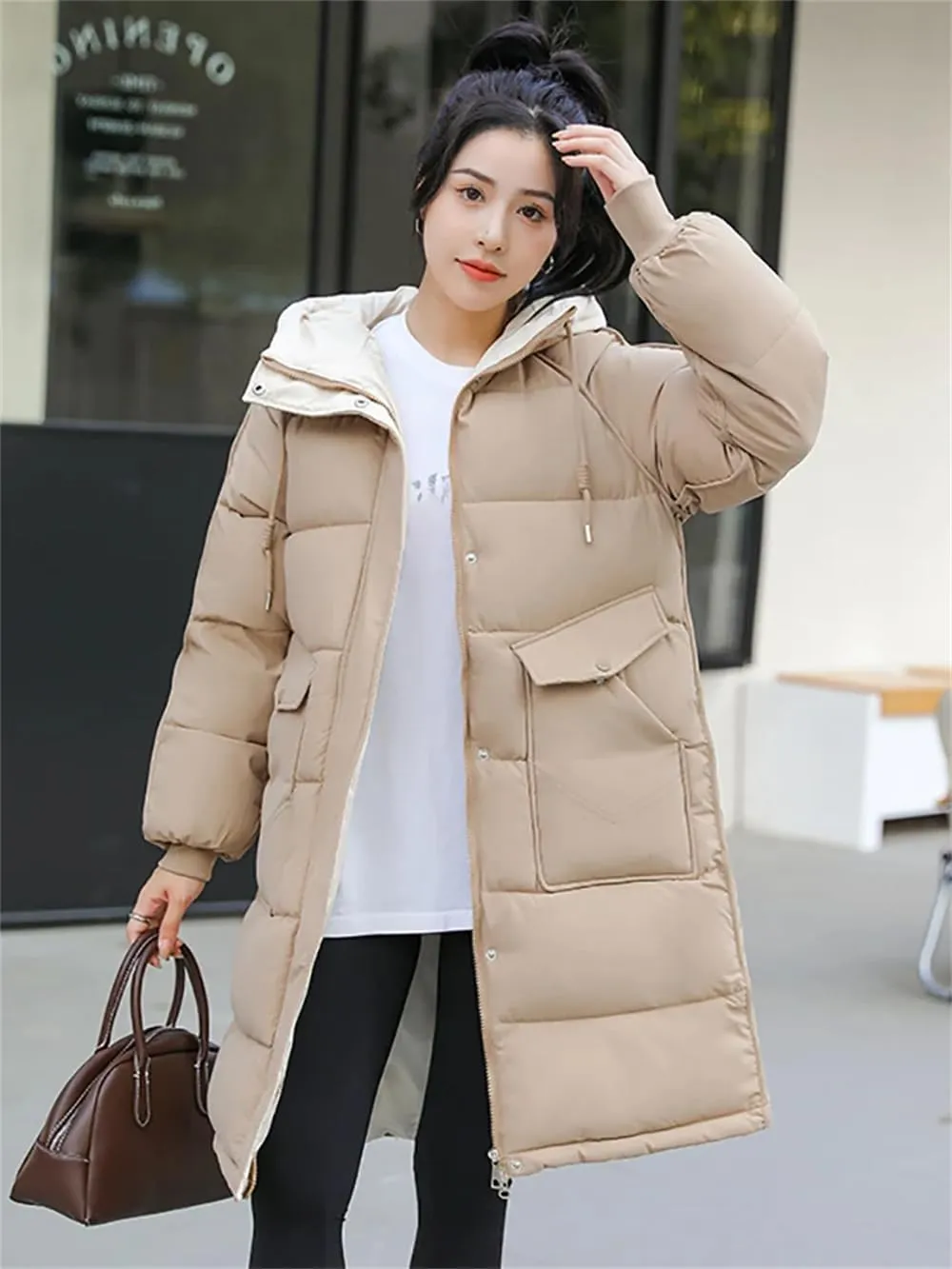 Women's Cotton Padded Snow Parka Winter Hooded Down Coat Mid Length Thick Windbreaker