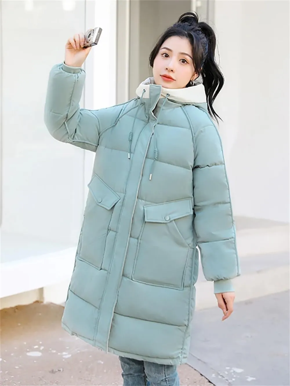 Women's Cotton Padded Snow Parka Winter Hooded Down Coat Mid Length Thick Windbreaker