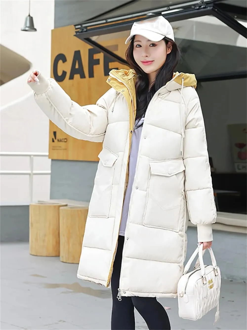 Women's Cotton Padded Snow Parka Winter Hooded Down Coat Mid Length Thick Windbreaker