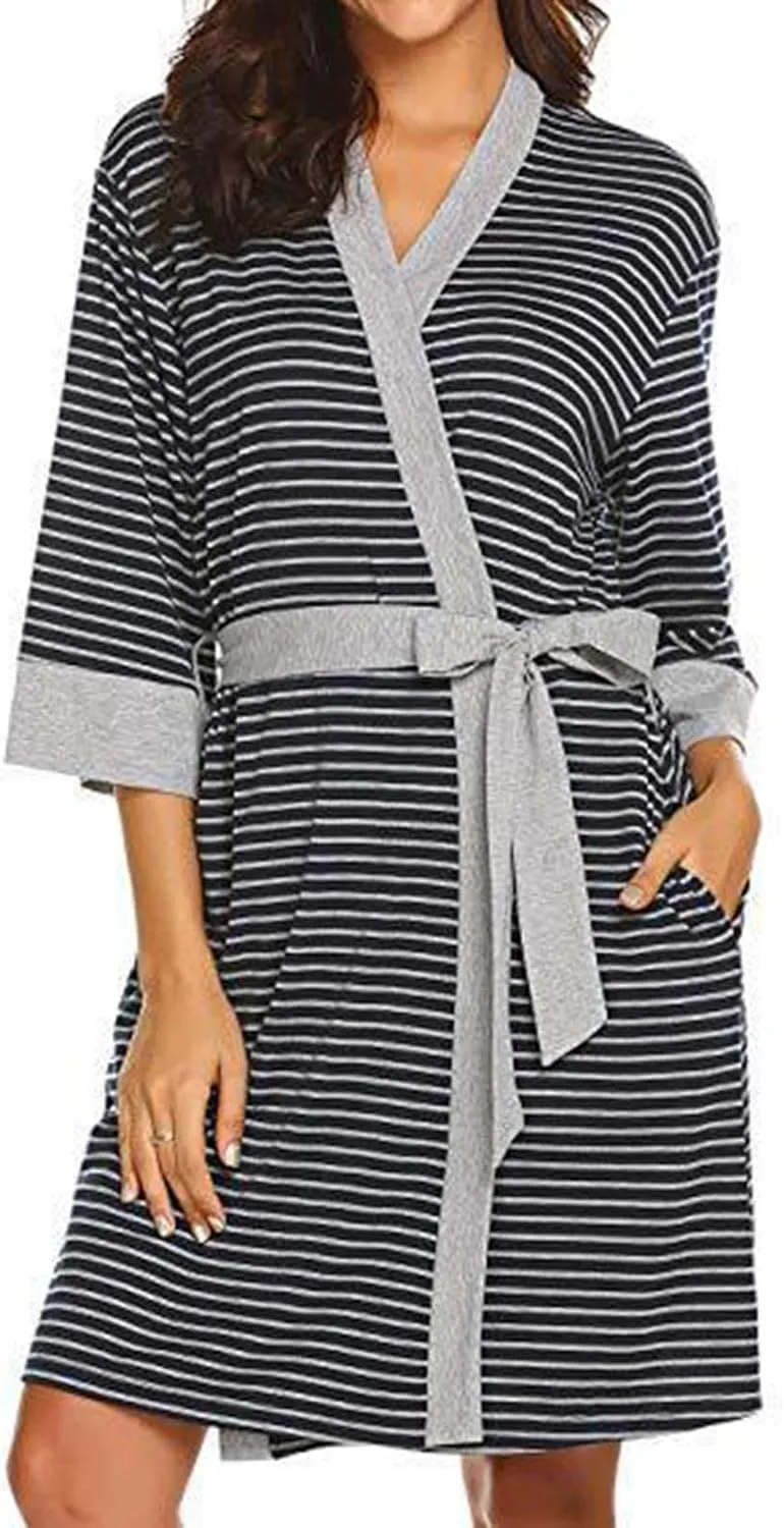 Womens Cotton Robes Striped Knee Length Bathrobe Lightweight Soft Cozy Sleepwear V-neck Casual Ladies Loungewear