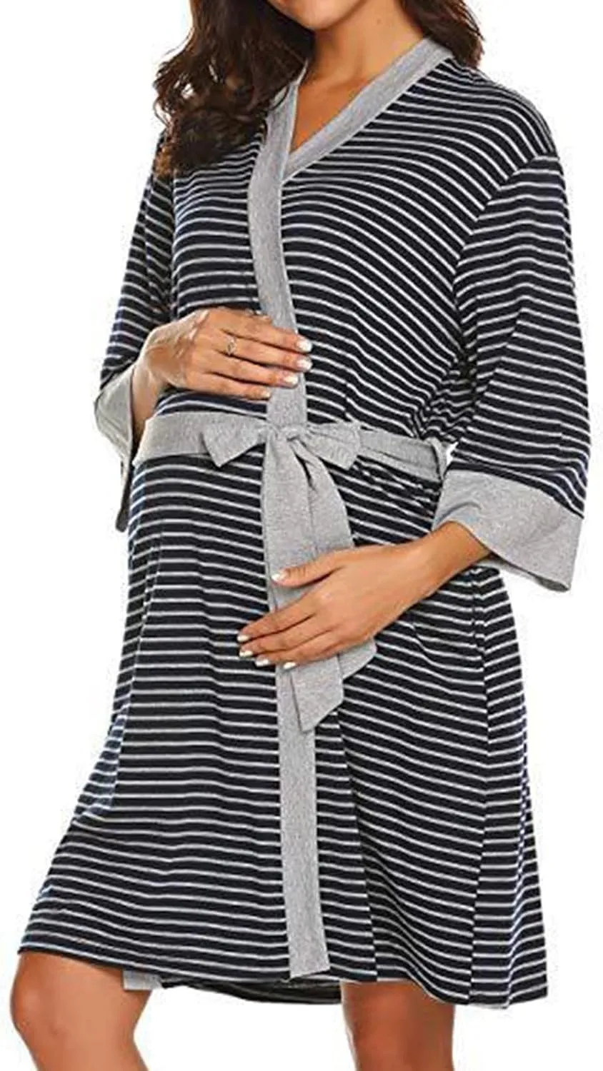 Womens Cotton Robes Striped Knee Length Bathrobe Lightweight Soft Cozy Sleepwear V-neck Casual Ladies Loungewear