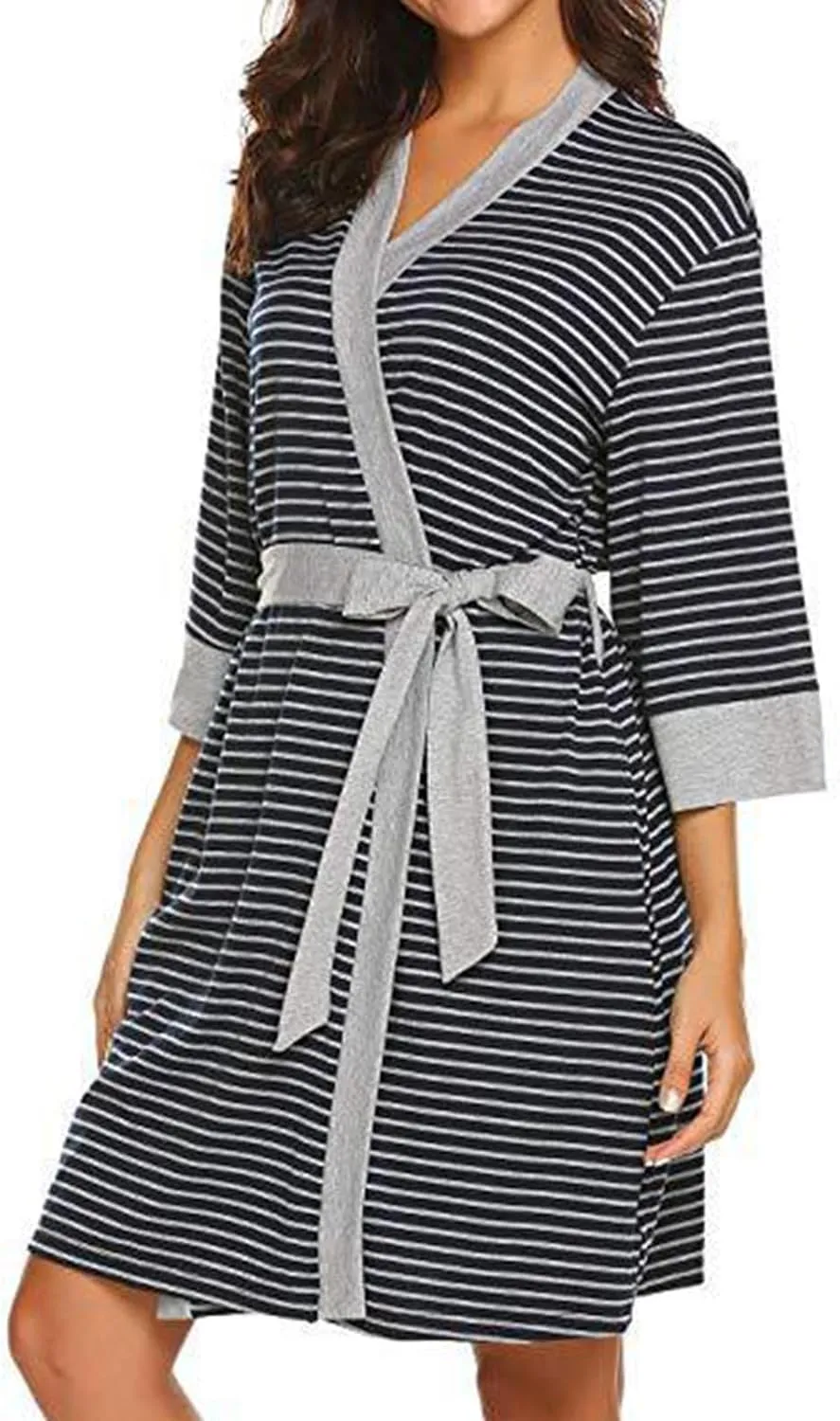 Womens Cotton Robes Striped Knee Length Bathrobe Lightweight Soft Cozy Sleepwear V-neck Casual Ladies Loungewear