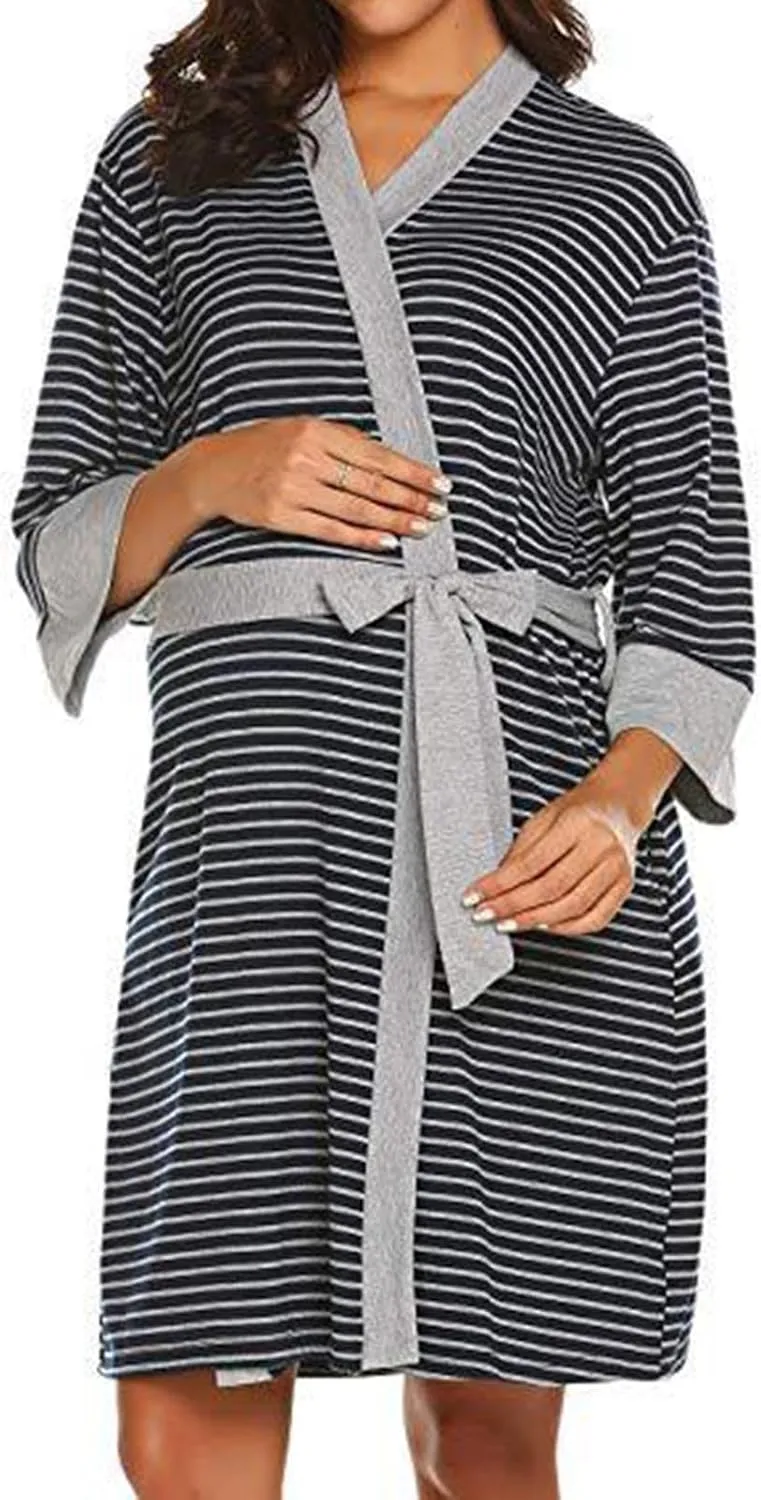 Womens Cotton Robes Striped Knee Length Bathrobe Lightweight Soft Cozy Sleepwear V-neck Casual Ladies Loungewear