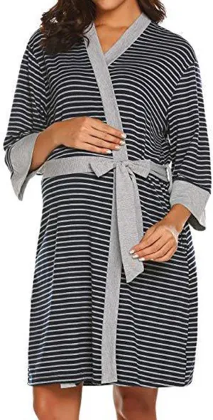 Womens Cotton Robes Striped Knee Length Bathrobe Lightweight Soft Cozy Sleepwear V-neck Casual Ladies Loungewear