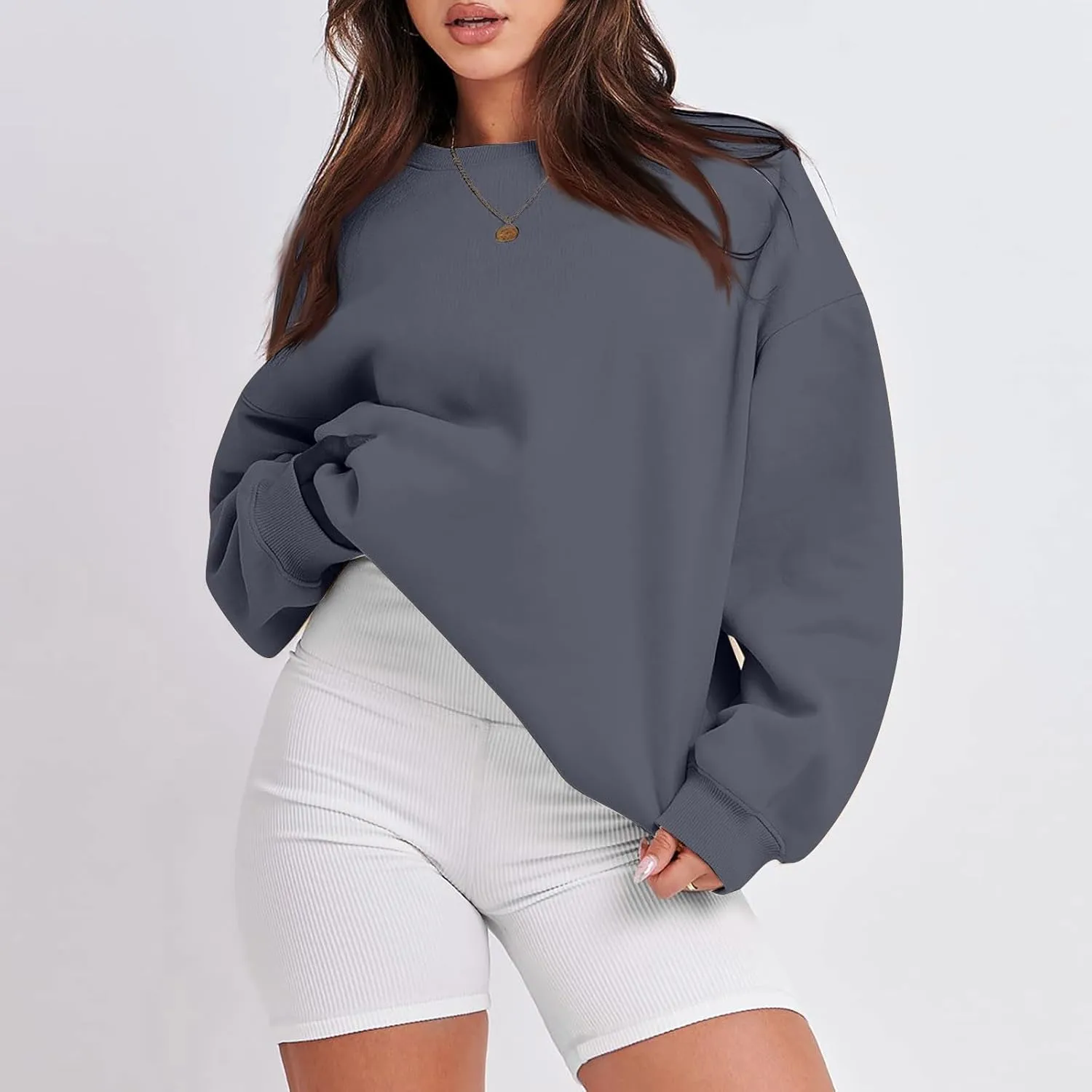Women's Crewneck Sweatshirts 2024 Womens Fashion Long Sleeve Solid Colour Loose Fit Pullover Sweatshirt Tops