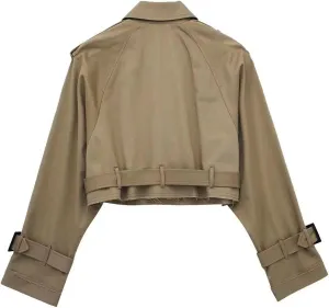 Women's Cropped Trench Coat Utility Short Trench Jacket Long Sleeve Fall Crop Top Coat Double Breasted Outerwear