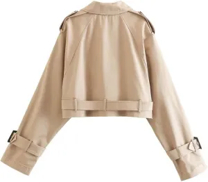 Women's Cropped Trench Coat Utility Short Trench Jacket Long Sleeve Fall Crop Top Coat Double Breasted Outerwear
