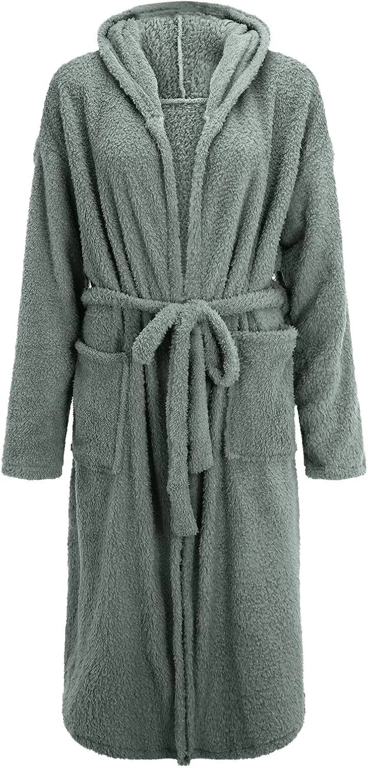 Women's Cute Bunny Ear Long Hooded Robe Plush Fleece Winter Soft Kimono Bathrobe Warm Fuzzy Spa Shower Robes Pockets