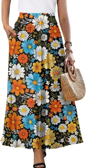 Womens Elastic High Waist Pleated A-Line Flared Maxi Skirts Soft Flowy Long Skirts with Pockets Casual Skirt S-2XL