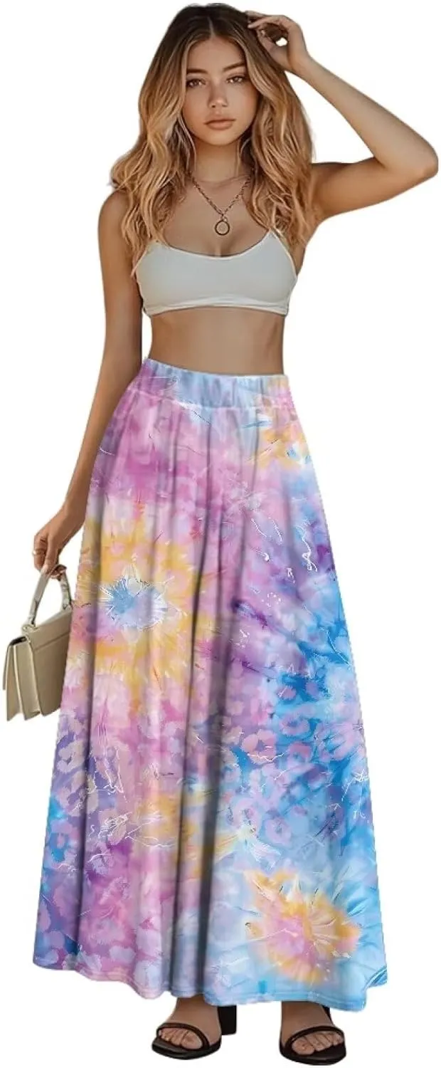 Womens Elastic High Waist Pleated A-Line Flared Maxi Skirts Soft Flowy Long Skirts with Pockets Casual Skirt S-2XL