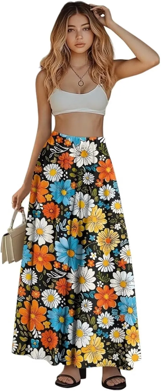 Womens Elastic High Waist Pleated A-Line Flared Maxi Skirts Soft Flowy Long Skirts with Pockets Casual Skirt S-2XL