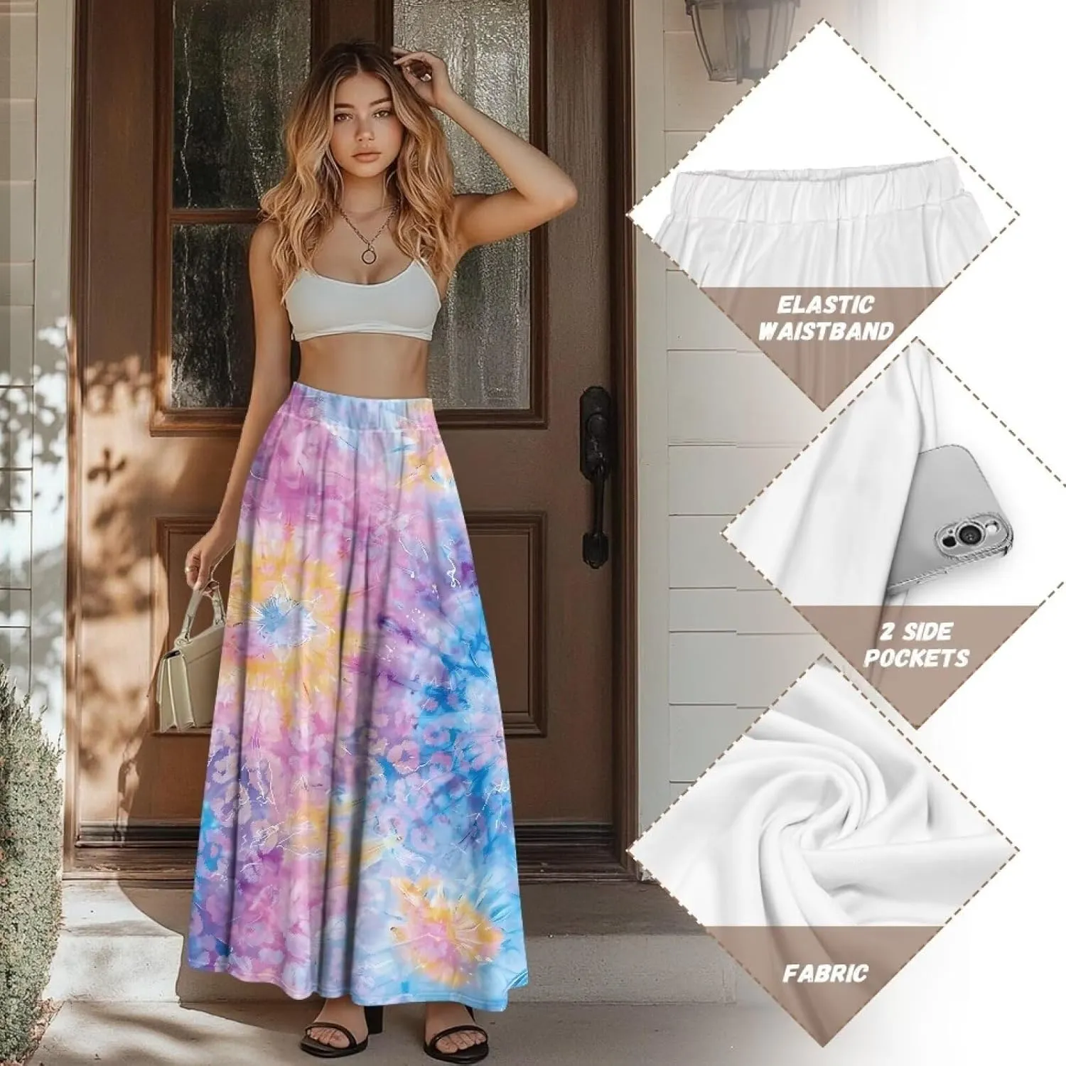 Womens Elastic High Waist Pleated A-Line Flared Maxi Skirts Soft Flowy Long Skirts with Pockets Casual Skirt S-2XL