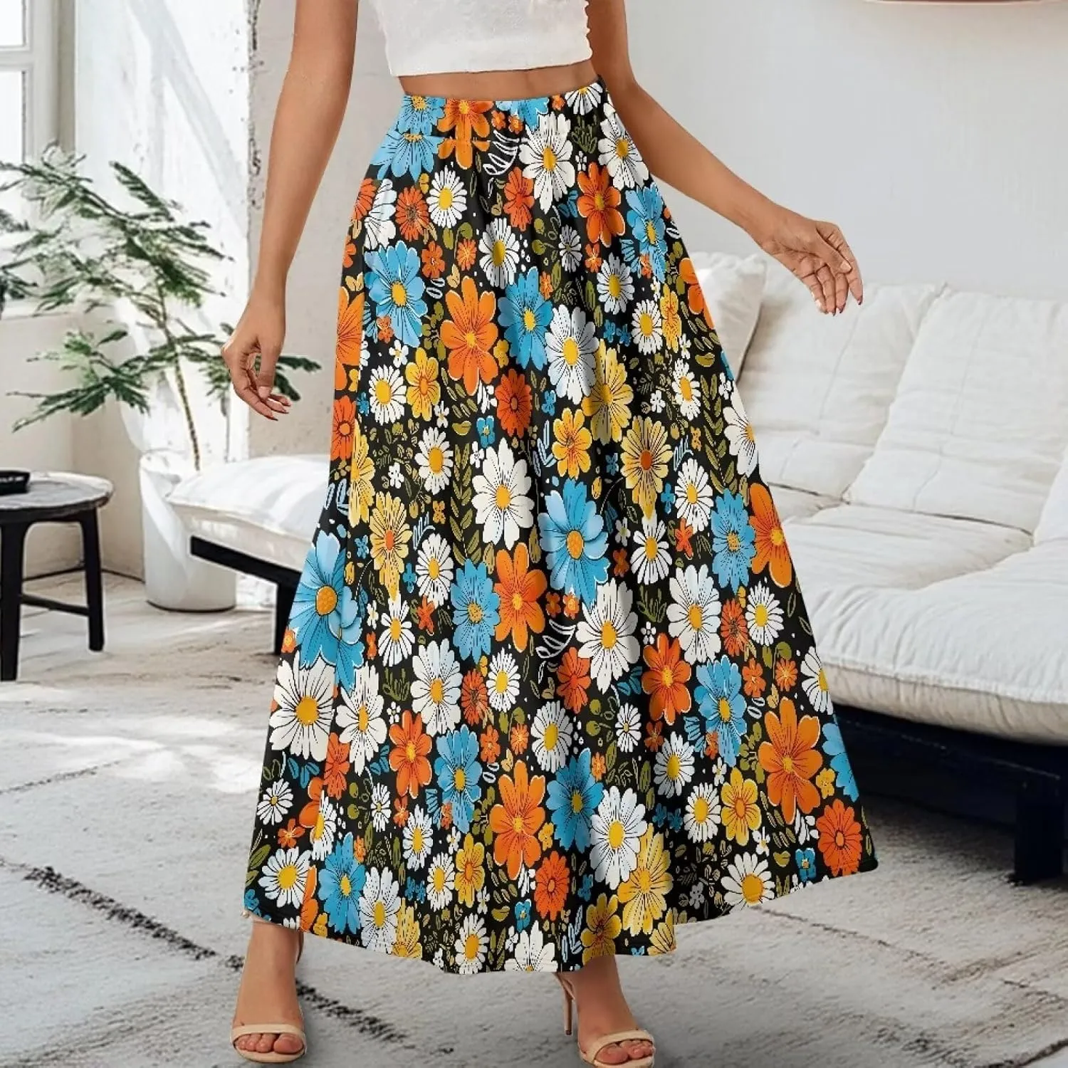 Womens Elastic High Waist Pleated A-Line Flared Maxi Skirts Soft Flowy Long Skirts with Pockets Casual Skirt S-2XL
