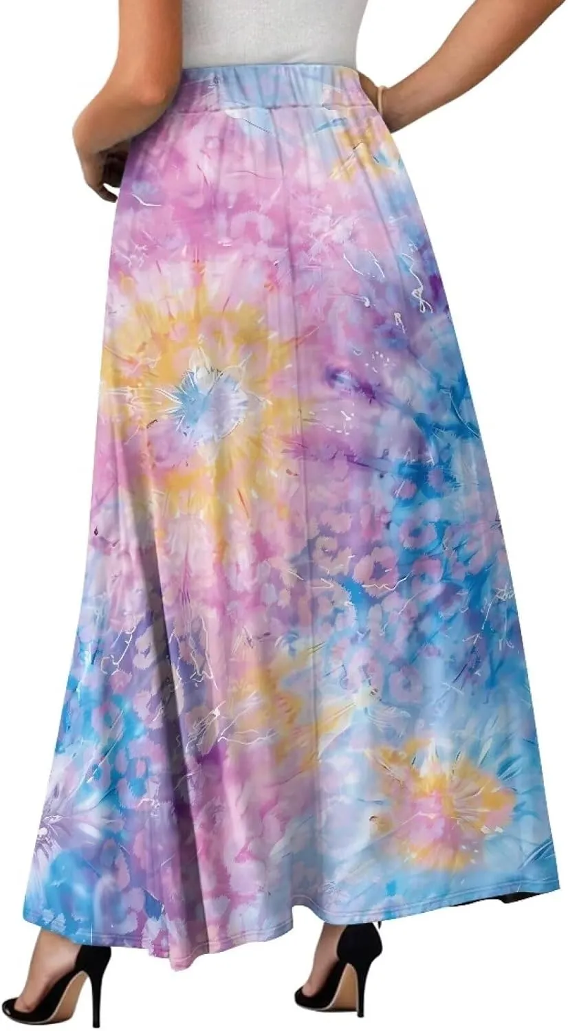 Womens Elastic High Waist Pleated A-Line Flared Maxi Skirts Soft Flowy Long Skirts with Pockets Casual Skirt S-2XL