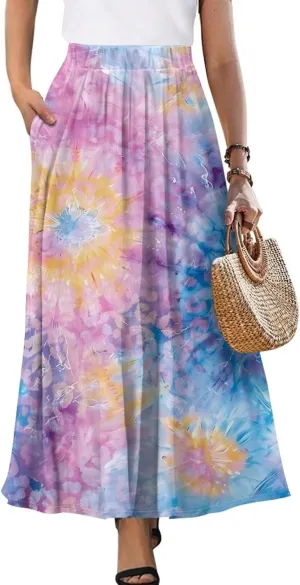 Womens Elastic High Waist Pleated A-Line Flared Maxi Skirts Soft Flowy Long Skirts with Pockets Casual Skirt S-2XL