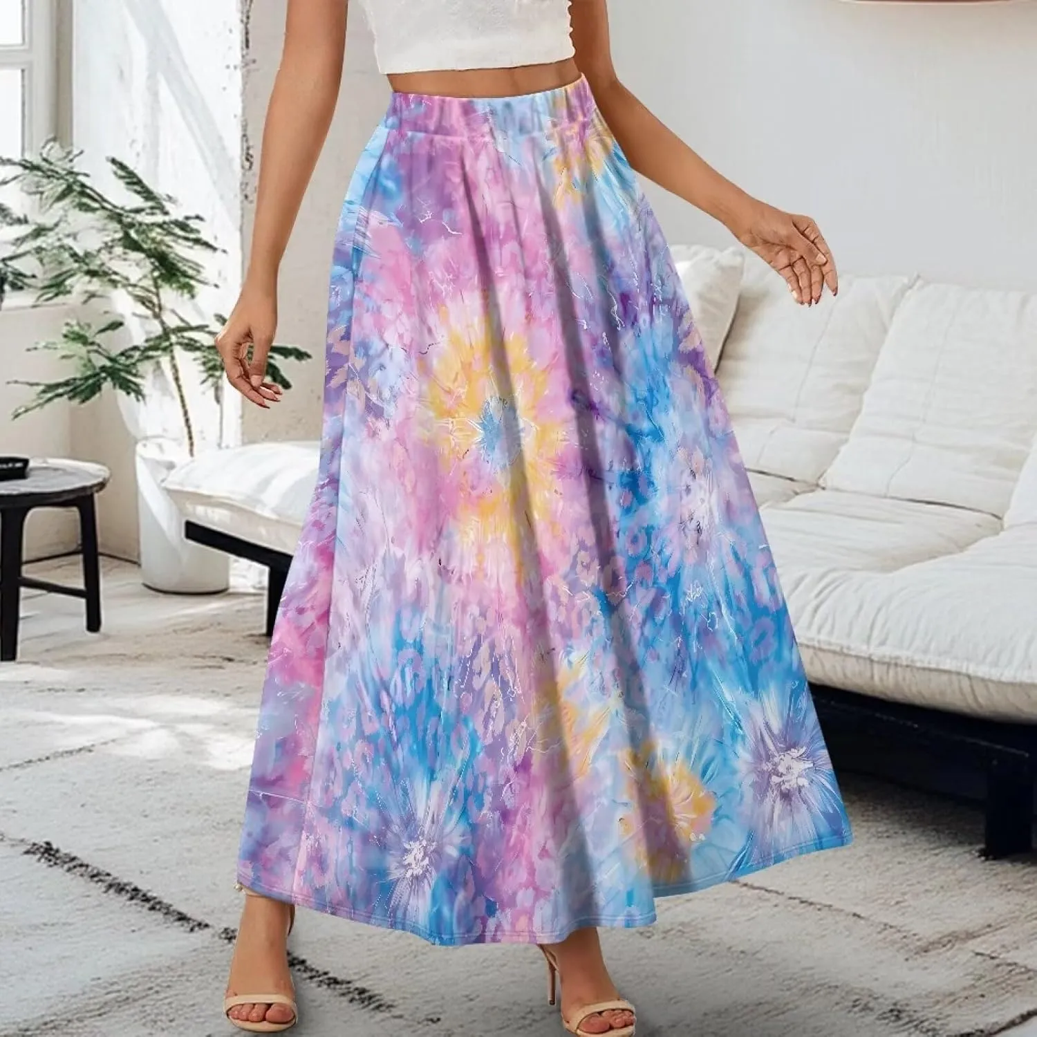 Womens Elastic High Waist Pleated A-Line Flared Maxi Skirts Soft Flowy Long Skirts with Pockets Casual Skirt S-2XL