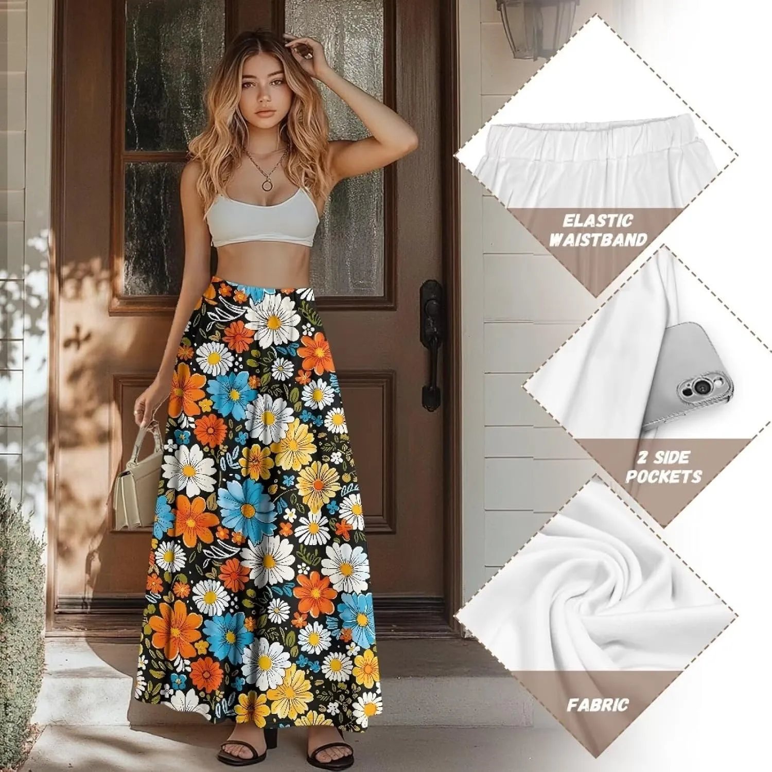 Womens Elastic High Waist Pleated A-Line Flared Maxi Skirts Soft Flowy Long Skirts with Pockets Casual Skirt S-2XL