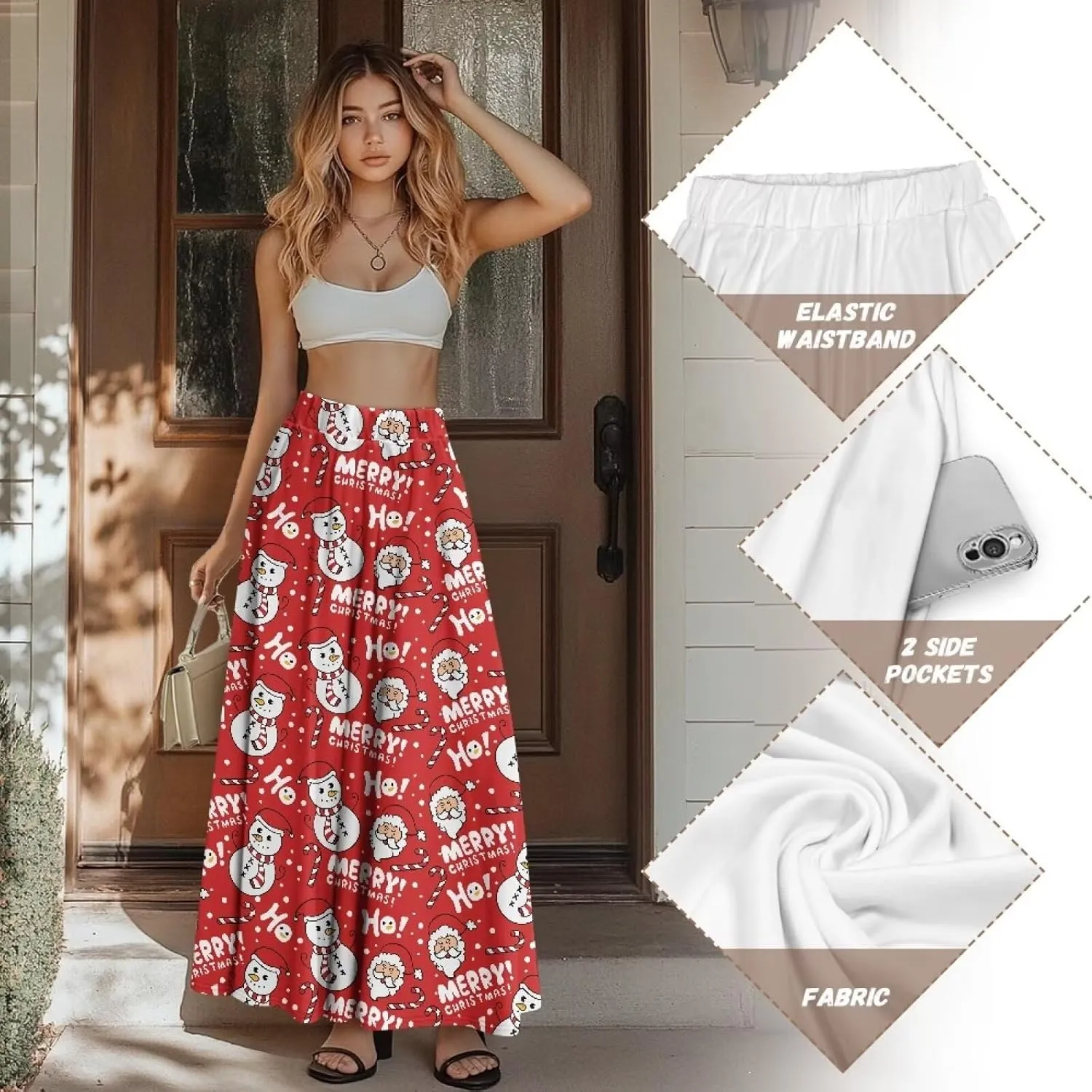 Womens Elastic High Waist Pleated A-Line Flared Maxi Skirts Soft Flowy Long Skirts with Pockets Casual Skirt S-2XL