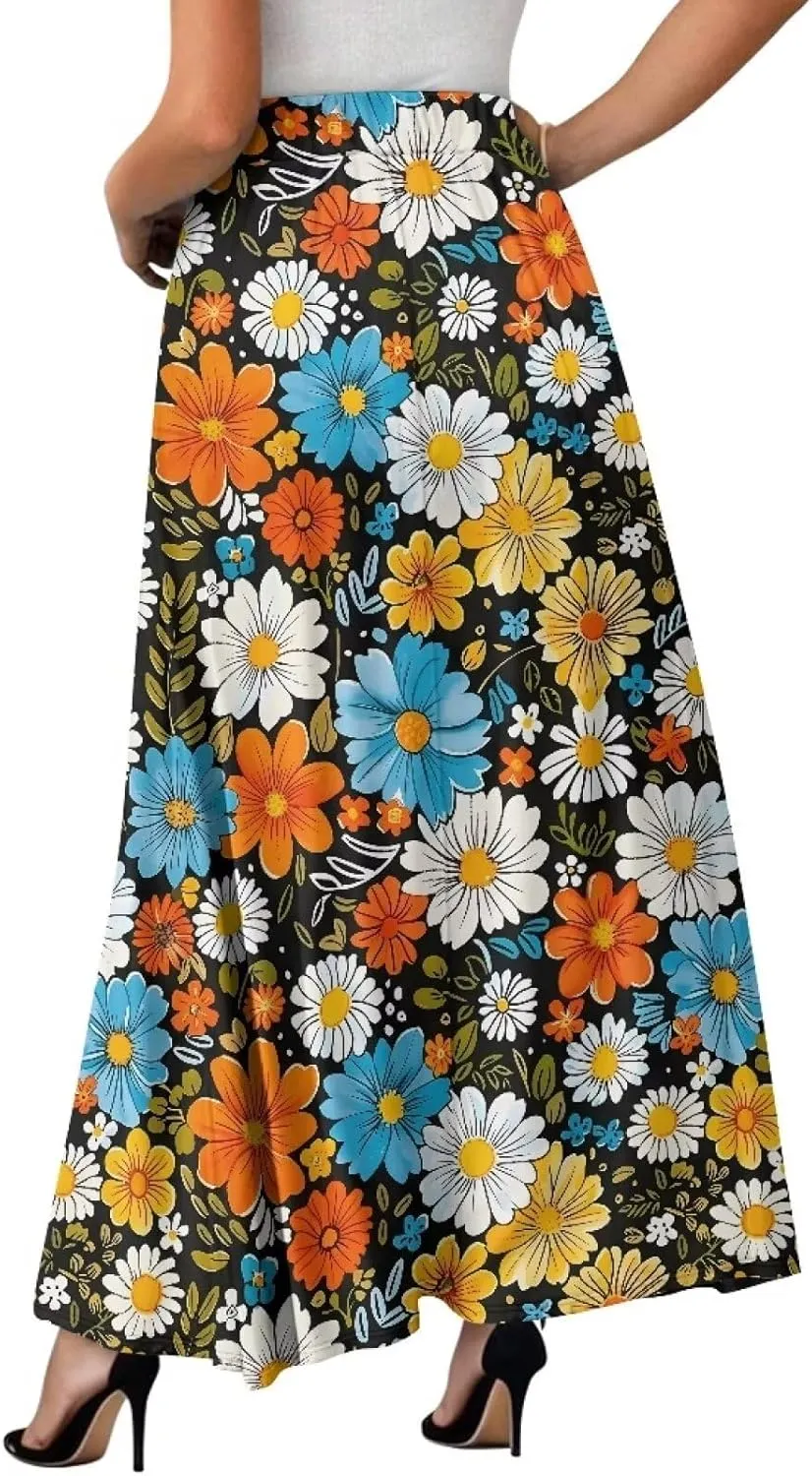 Womens Elastic High Waist Pleated A-Line Flared Maxi Skirts Soft Flowy Long Skirts with Pockets Casual Skirt S-2XL