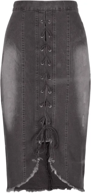 Womens Fashion Denim Skirts Lace Up Split Midi Length Jean Half Skirt Casual High Waist Washed Midi Skirts