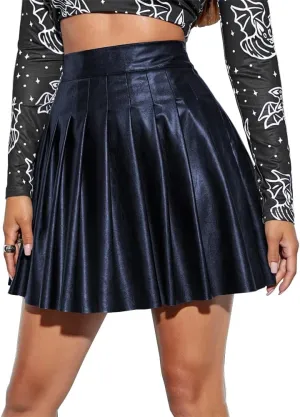 Women's Faux Leather Black Mini Skirt Classic High Waisted Skirt Pleated Skirt Pu Black Leather Skirt